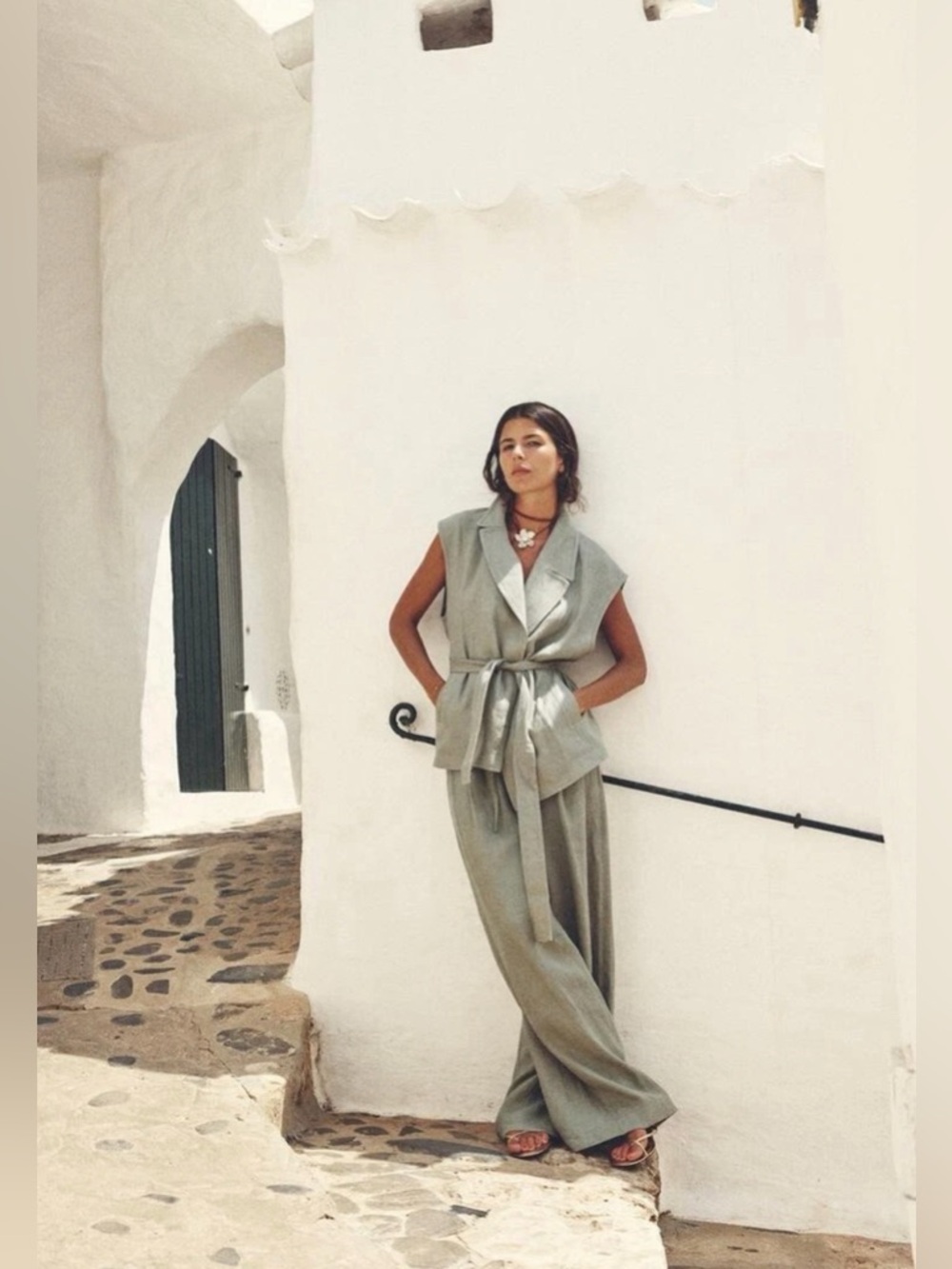 Zara 100% Linen Sleeveless Tie-Waist Vest & Wide-Leg Trouser 2-Piece Set